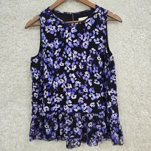 Kate Spade Top Womens Small Black Purple Hydrangea Floral Silk‎ Sleeveless READ